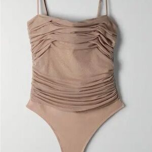 Aritzia Babaton Luxor Ruched Tan / Clay Bodysuit